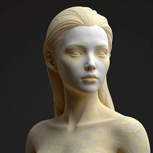 Photorealistic CGI sculpture of a serene, pale-skinned woman with long, blonde hair, smooth facial features, and subtle textures, against a black
