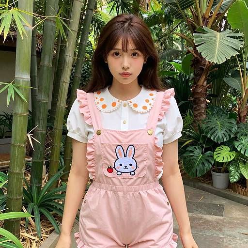 Playful Kawaii Woman in Tropical Garden