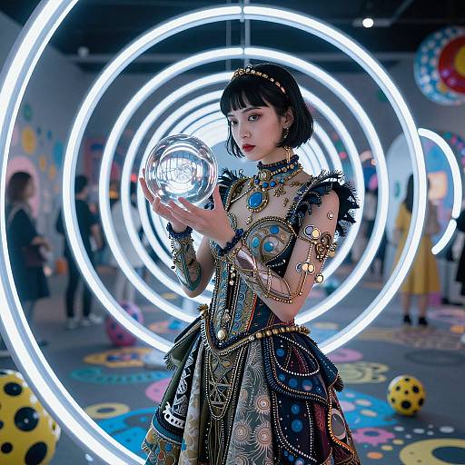 Photograph of an East Asian woman in a detailed, colorful, ornate dress holding a glowing orb, surrounded by neon lights in a futuristic, vibrant