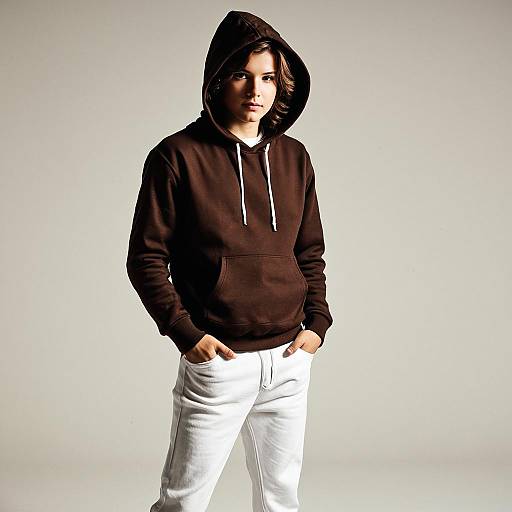 Teen Boy in Brown Hoodie and White Pants