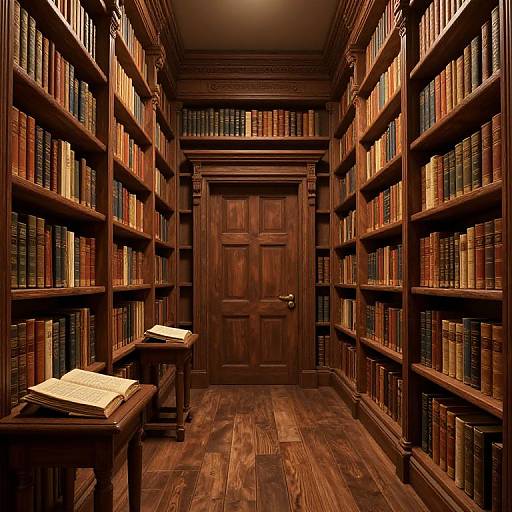 Photograph of a narrow, dimly-lit wooden library aisle with tall bookshelves filled with colorful bound books, closed wooden door at the end
