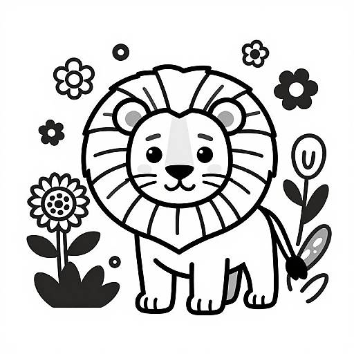 Cute, black-and-white, cartoon-style drawing of a smiling lion with a round mane, surrounded by small flowers and leaves, in a simple,