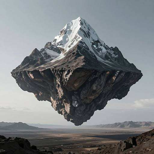 Photorealistic CGI of a floating, snow-capped mountain with rugged, rocky base, hovering above a vast, desolate desert landscape.