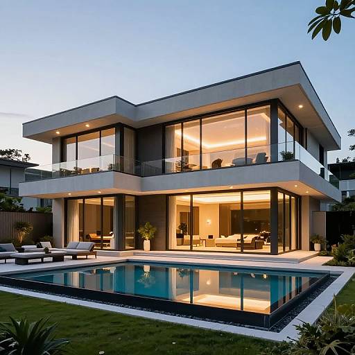 Modern two-story house with large glass windows, illuminated interior, rectangular pool, and minimalist outdoor furniture at twilight. Photograph.