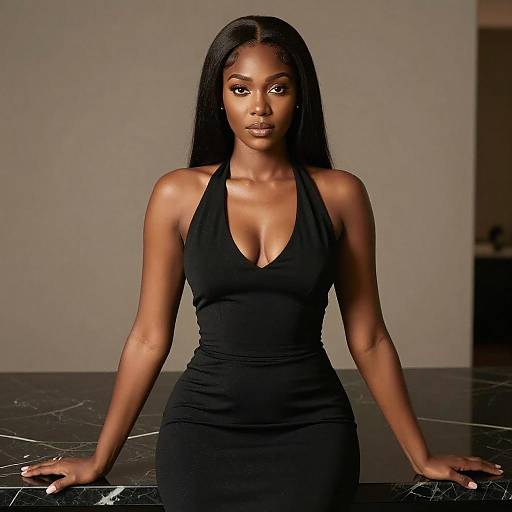 Photograph of a beautiful, dark-skinned woman with long black hair, wearing a black halter dress with a deep V-neck, standing against a