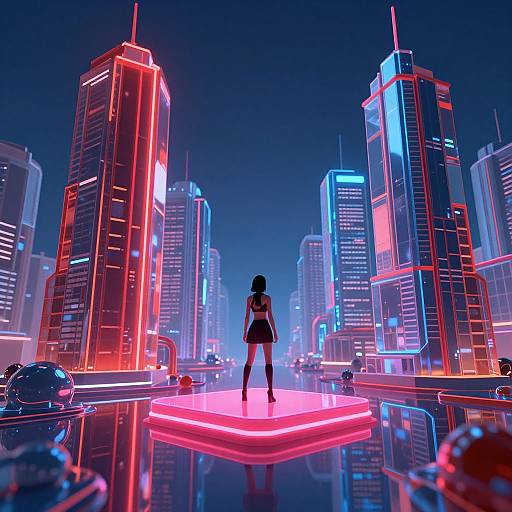 Neon-lit cybercityscape: Silhouetted woman in black dress stands on glowing pink platform, surrounded by towering, brightly lit skyscrap