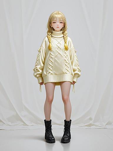 Digital illustration of a blonde girl with braided hair, wearing a cream cable-knit sweater, black ankle boots, and standing against a white draped backdrop