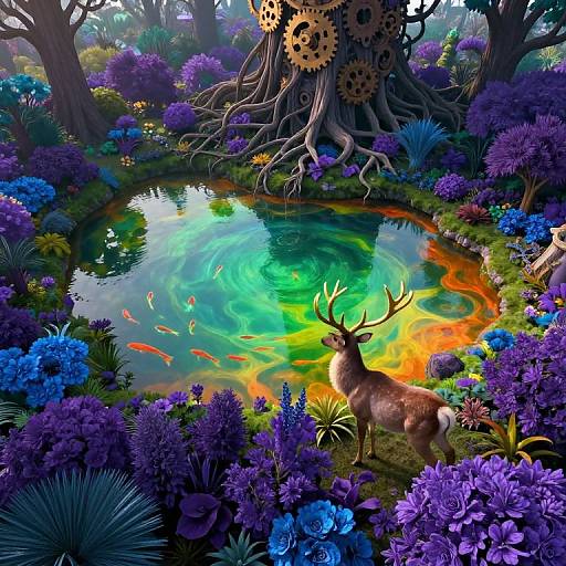Whimsical digital painting of a vibrant, magical forest pond with glowing green-blue-orange water, orange fish, a deer with antlers, and purple
