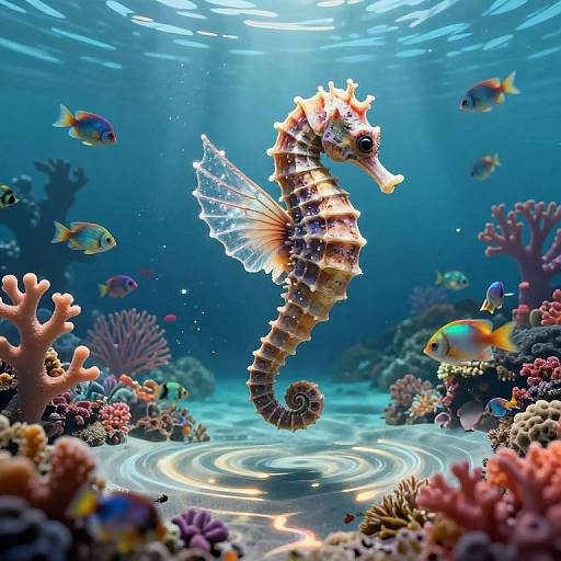 Digital illustration of a vibrant, detailed seahorse with translucent fins swimming in a colorful, sunlit underwater coral reef, surrounded by various fish and cor