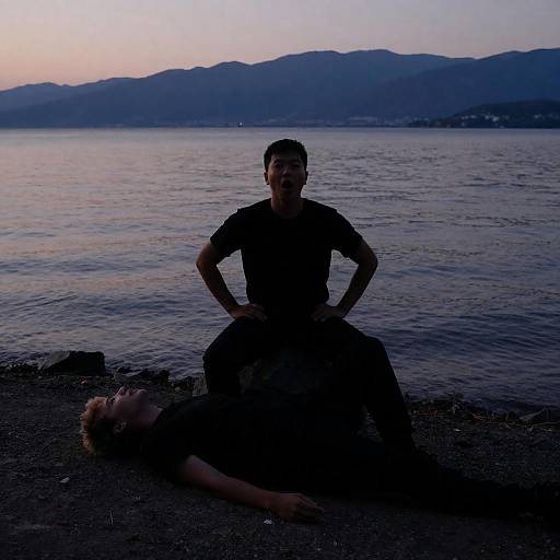 Sunset Silhouette of Two Men at Beach