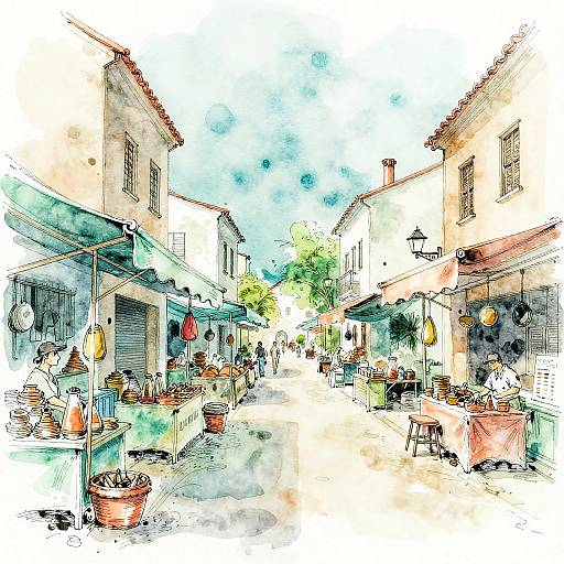 Ink-lined Coastal Market Watercolor Sketch