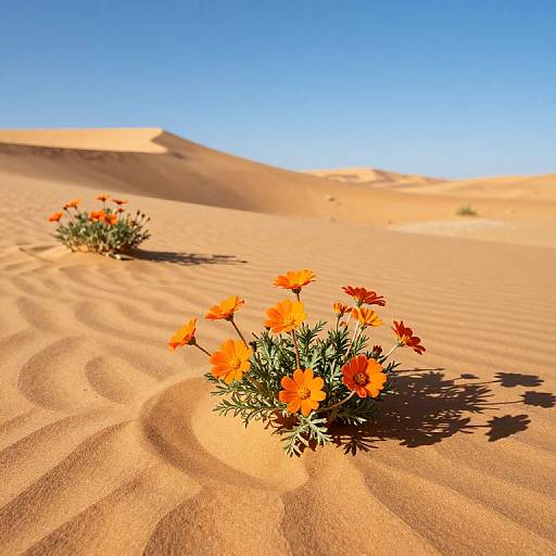 Photograph of vibrant orange wildflowers blooming in a sunlit, sandy desert with rippled dunes, under a clear, bright blue sky.