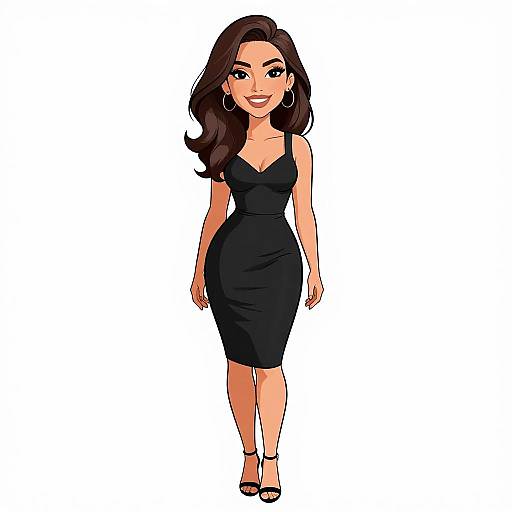 Digital illustration of a smiling woman with long brown hair, wearing a form-fitting black dress and black heels, standing against a white background.