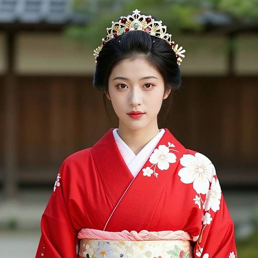 Woman in Red Floral Kimono with Crown