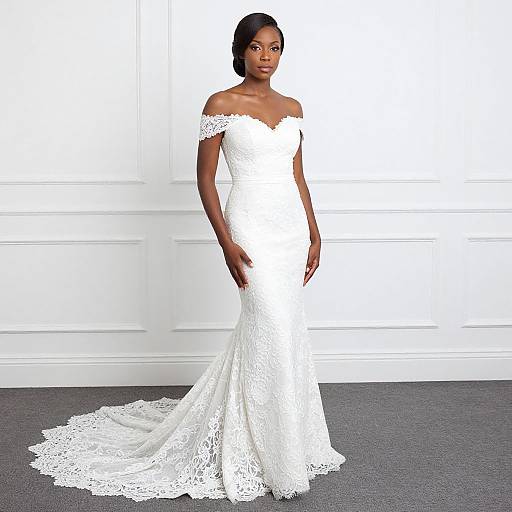 Photograph of a beautiful Black woman in an off-shoulder, white lace wedding dress with a long train, standing against a white paneled wall