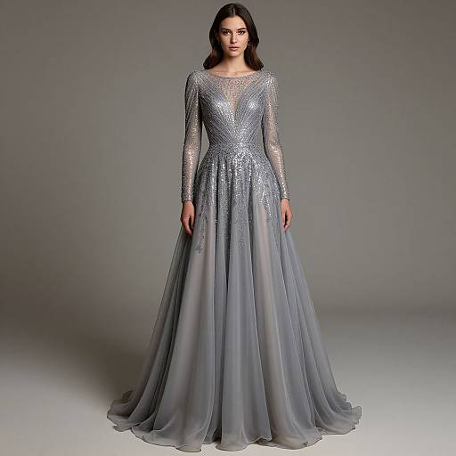 Elegant Silver-Grey Sequin Ball Gown