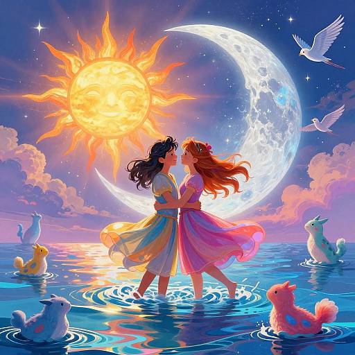 Digital anime-style illustration of two girls in colorful dresses, standing in water at sunset, with a crescent moon, sun, and birds.