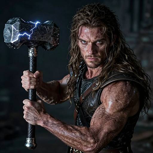 Muscular man with long, wet hair and fierce expression holds a cracked, lightning-emitting hammer in a dark, dramatic setting. Photorealistic digital