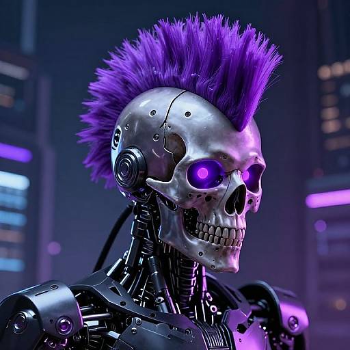 CGI image of a cybernetic skull with purple mohawk, glowing purple eyes, and mechanical joints, set against a neon-lit cityscape