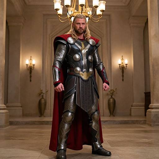 Photograph of a muscular man with long blonde hair and beard, wearing shiny black armor, red cape, standing in ornate, dimly-lit