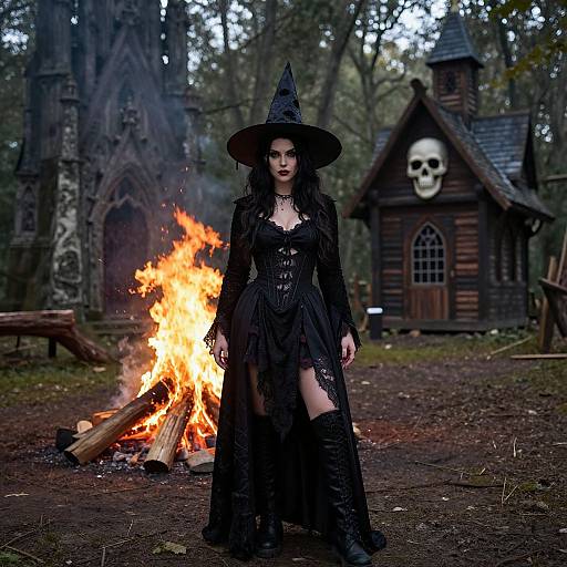 Digital artwork of a gothic witch with black dress and hat, standing in front of a burning fire, dark forest, and a wooden skull house.