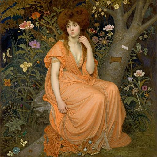 Illustration of a fair-skinned woman with wavy brown hair, wearing an orange, flowing dress, sitting by a tree amidst vibrant flowers and foliage