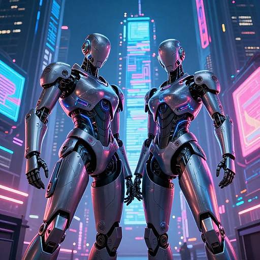 Cyberpunk digital artwork: Two sleek, silver humanoid robots with glowing neon accents stand confidently in a futuristic, neon-lit cityscape.