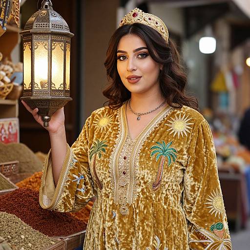 Photograph of a dark-haired woman in a golden velvet dress with palm embroidery, holding an ornate lantern, wearing a jeweled tiara, in