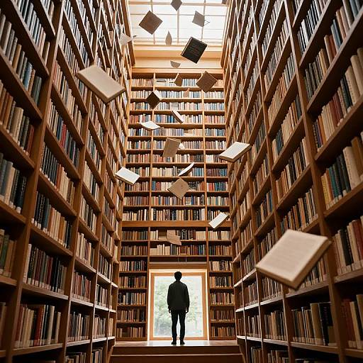 Photograph of a library with tall wooden bookshelves filled with books, books floating in midair, and a silhouette of a person standing in a