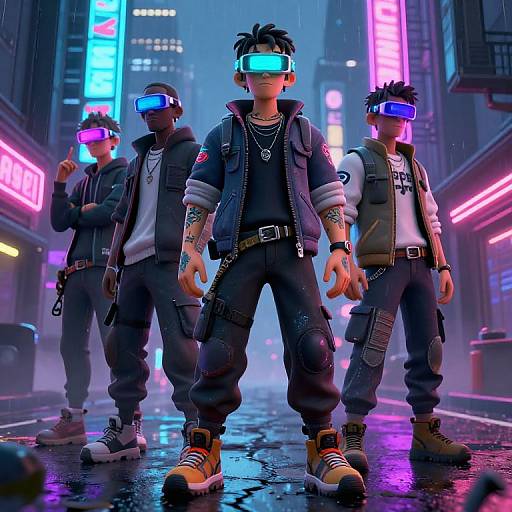 Digital artwork of four cyberpunk youths in neon-lit street, wearing VR headsets, black jackets, and baggy pants, standing on wet pavement