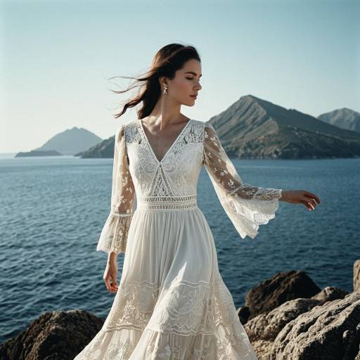 Woman in White Lace Dress by the Sea