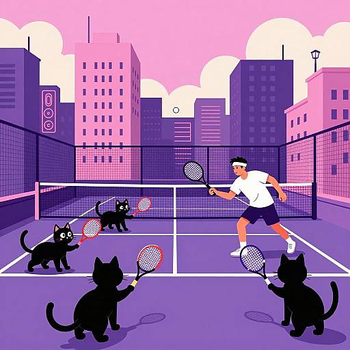 Playful Cats on a Vibrant Rooftop Court