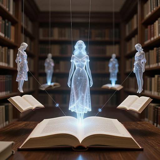 Photograph of glowing, translucent female silhouettes hovering above open books in a dimly lit library, surrounded by shelves of books.