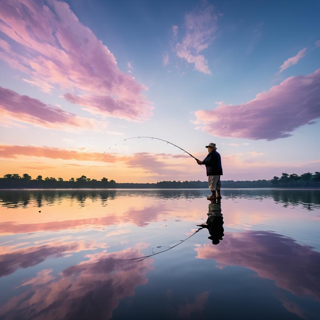 Elderly Fisherman Silhouetted by Serene Lake