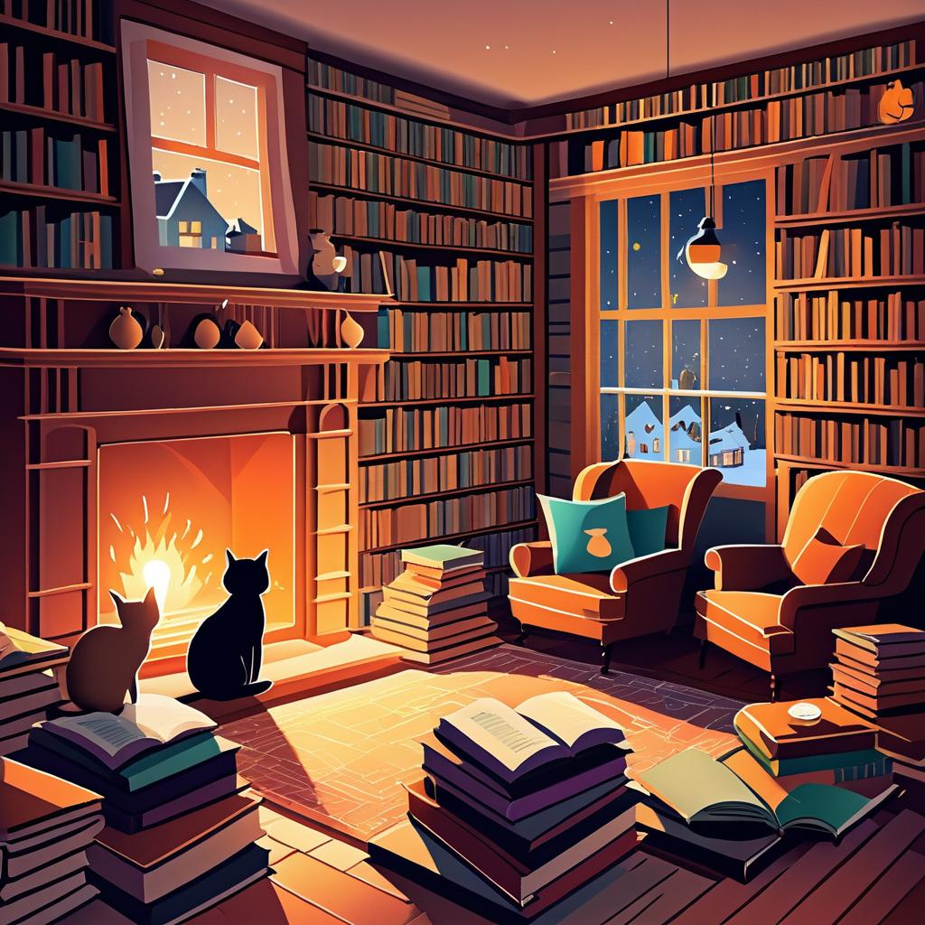 Cozy Library with Children and Cat