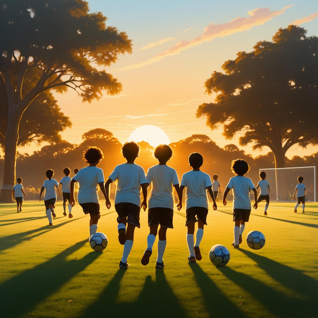 Cinematic Sunset Soccer: Children at Play