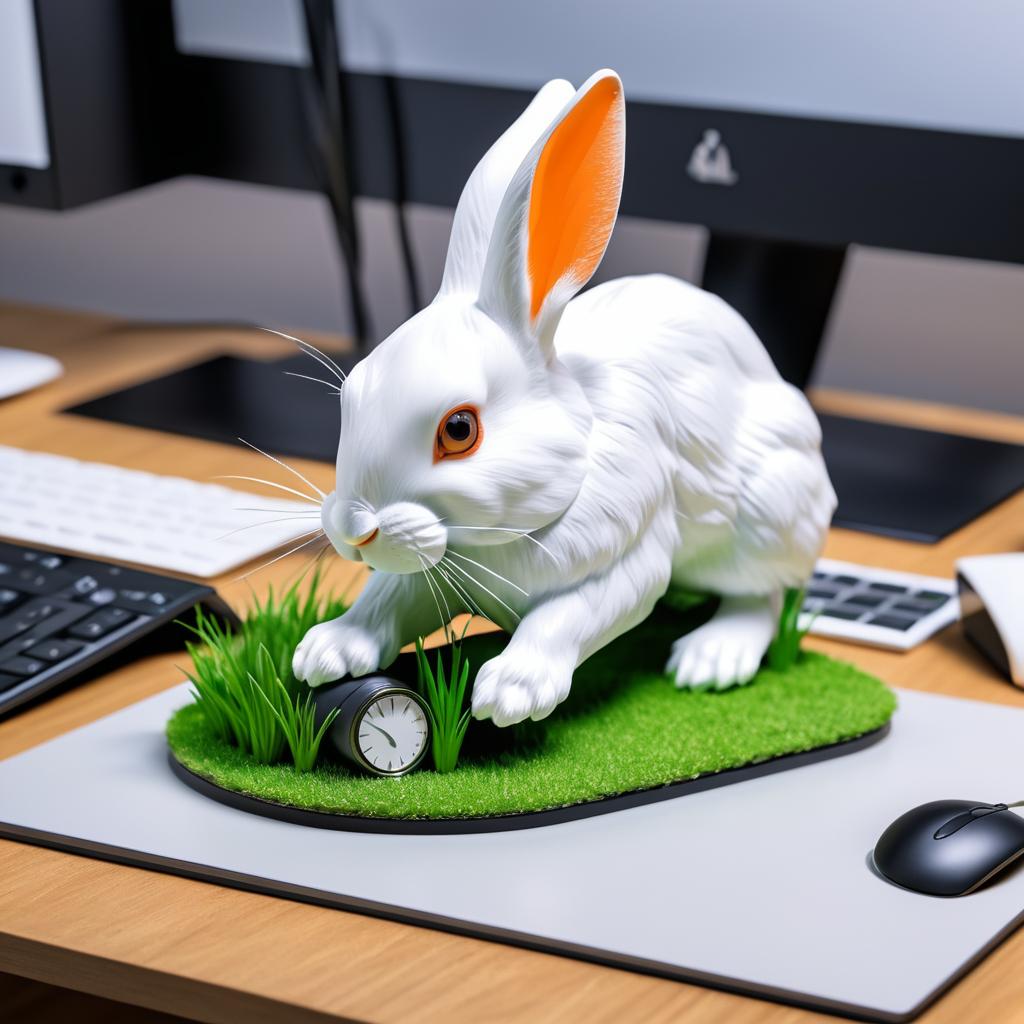 Rabbit Working on a Computer Desk in Detail