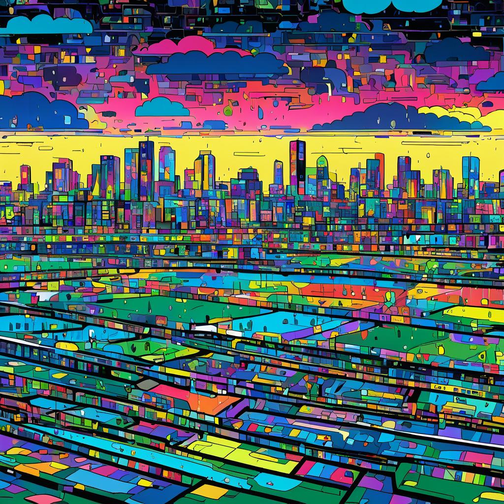 Vibrant Cityscape in a Rainy Meadowland