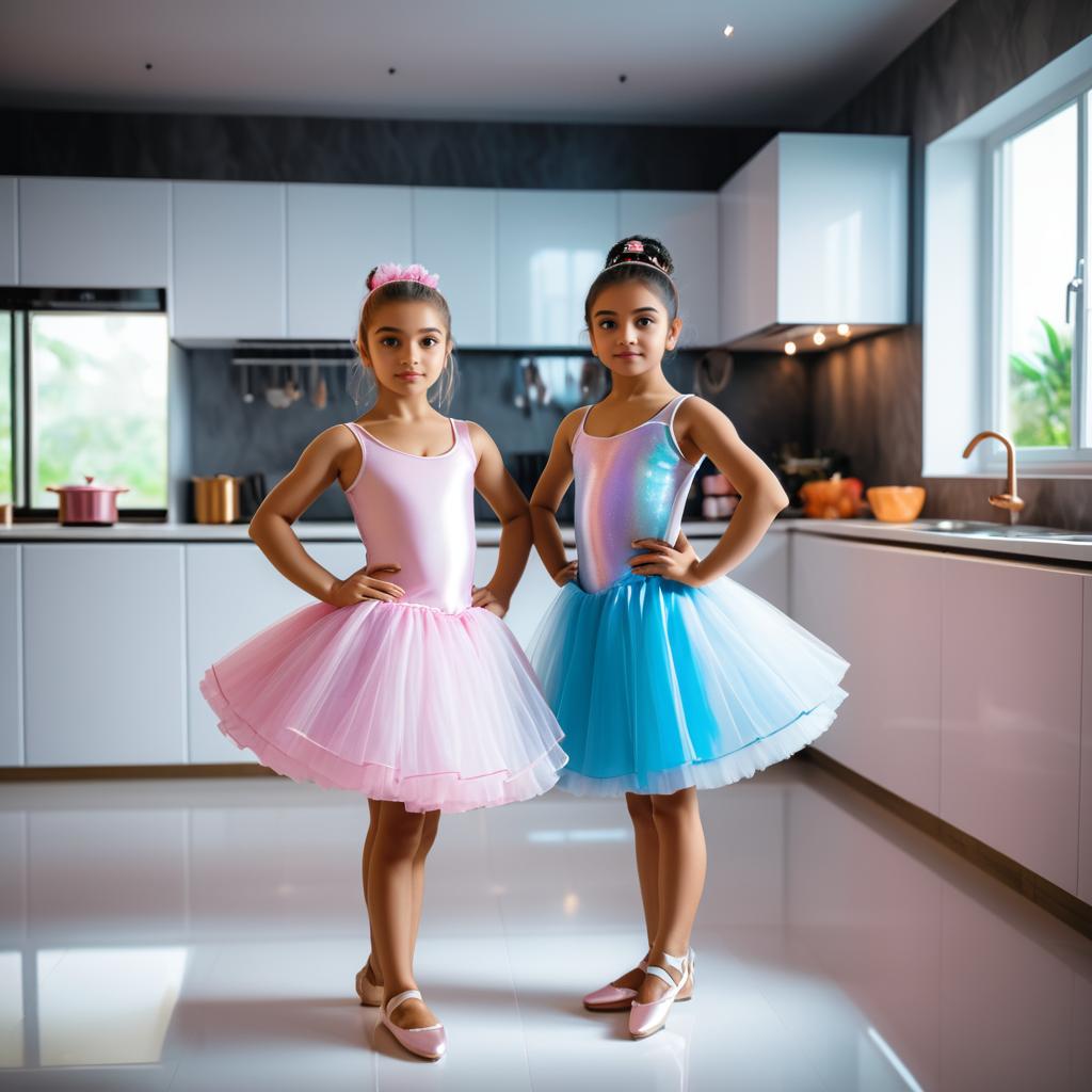 Cinematic Ballerina Friendship in Modern Kitchen