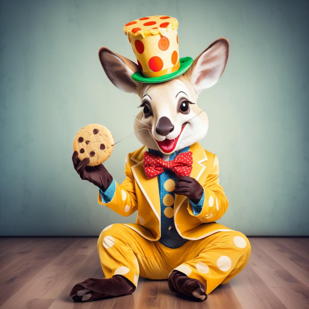 Whimsical Kangaroo Clown Enjoying Cookies