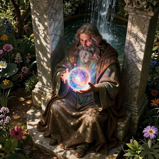 Ancient bearded man in flowing robe sits by a fountain, holding a glowing, colorful orb, surrounded by a vibrant garden. Digital art.