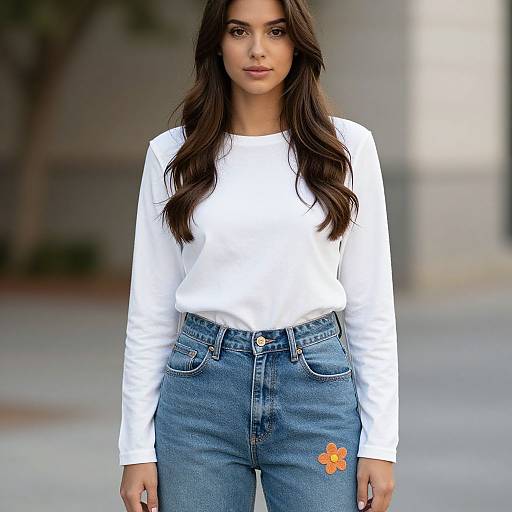 Photograph of a young woman with long dark hair, wearing a white long-sleeve top and high-waisted blue denim jeans with an orange