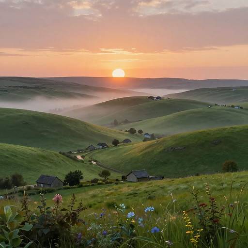 Photograph of a serene countryside at sunset, with rolling green hills, scattered houses, mist, colorful wildflowers, and a glowing orange sky.