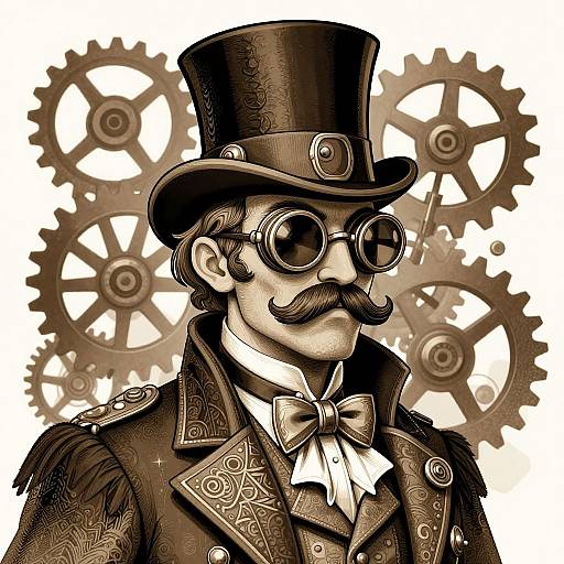 Steampunk illustration of a mustached man in a top hat, round goggles, ornate coat, bow tie, and intricate gear background. Sep