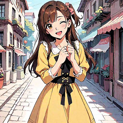 Anime-style digital drawing of a smiling young woman in a yellow dress with black ribbon, standing on a sunny, narrow European street.