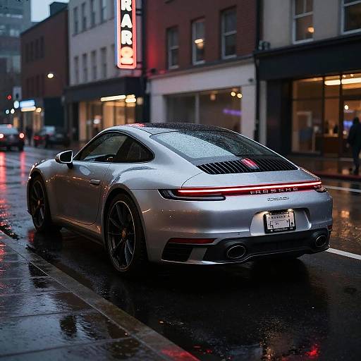 Photograph of a silver Porsche 911 sports car, raindrops on windshield, parked on a wet urban street at dusk, neon 