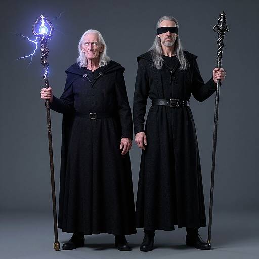 Photograph of two elderly white men with long gray hair, wearing black robes, blindfolds, and holding glowing staffs against a gray background.
