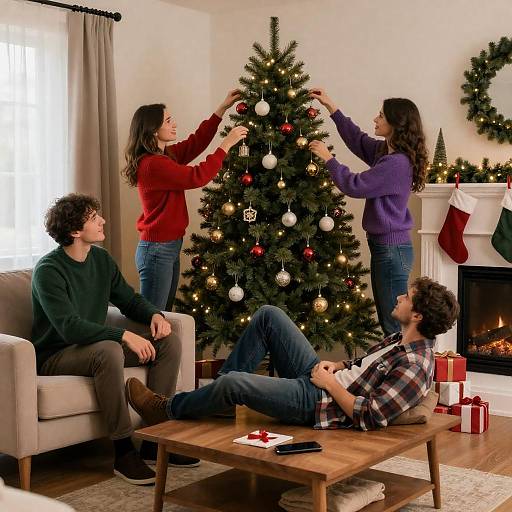 Cozy Christmas Tree Decorating Scene