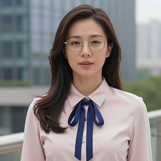 Asian Woman in Pale Pink Blouse and Glasses