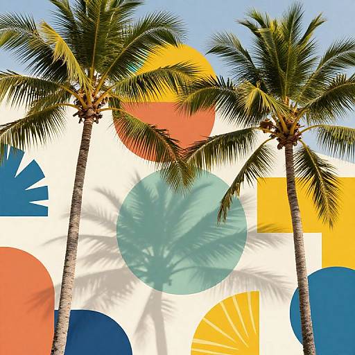 Photograph of two tall palm trees with vibrant, oversized sun and circle shapes in orange, yellow, blue, and teal behind them.